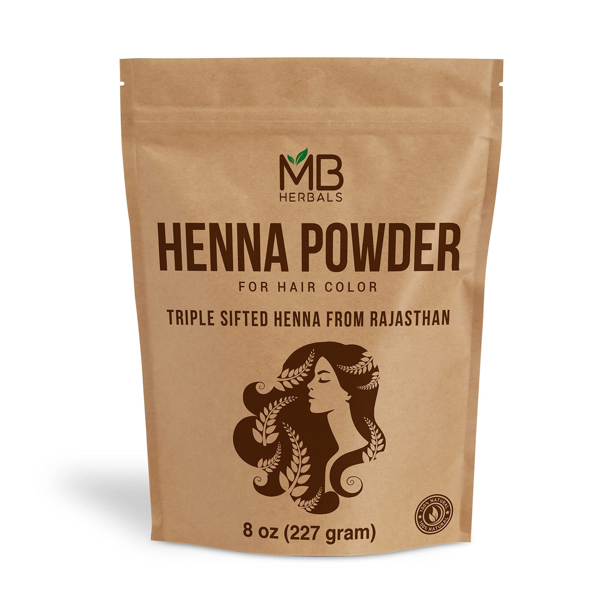 MB Herbals Henna en polvo en envase, color naranja-rojizo natural para cabello.