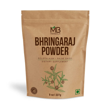 MB Herbals polvo bhringraj de hojas secas, ideal para cuidado capilar natural.