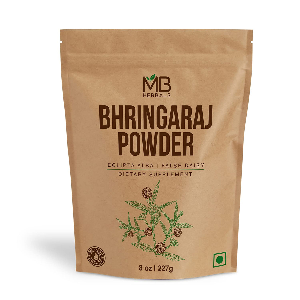 MB Herbals polvo bhringraj de hojas secas, ideal para cuidado capilar natural.