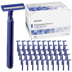 McKesson disposable razor front view with twin blades for a smooth, hygienic clinic-ready shave