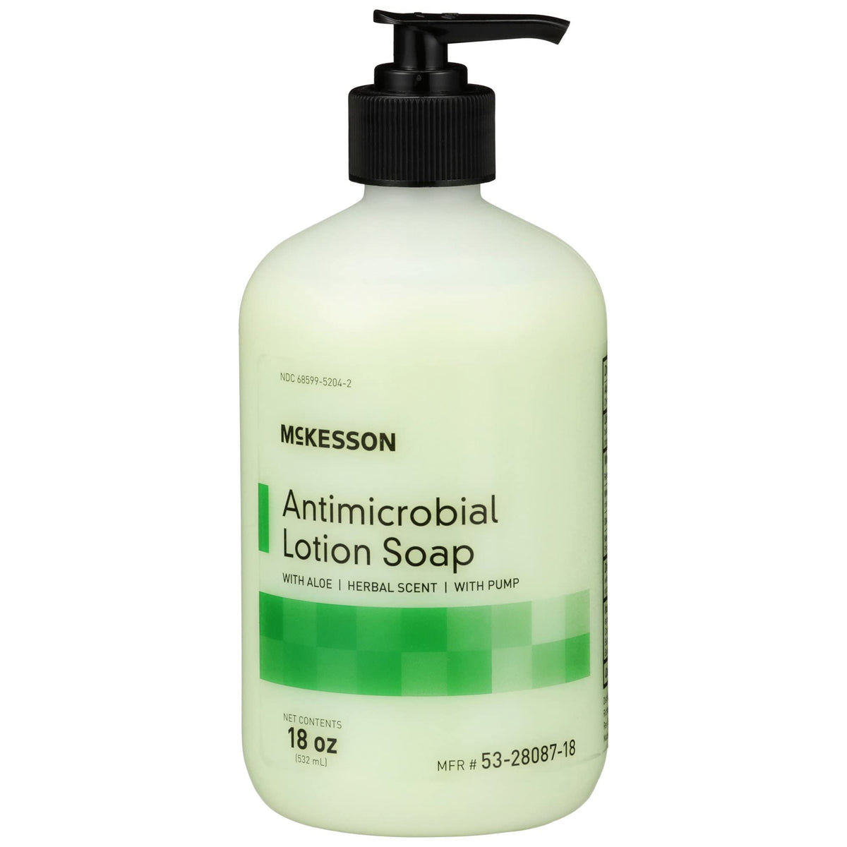 McKesson Jabón antimicrobiano con aloe, frente de la botella para limpieza diaria.