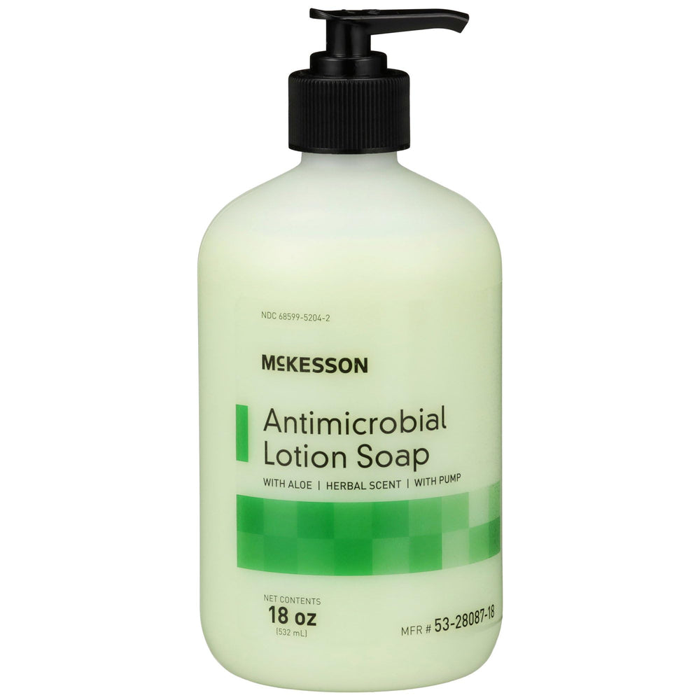 McKesson Jabón antimicrobiano con aloe, dispensador en acción para dosificación cómoda.