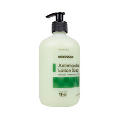 McKesson Jabón antimicrobiano aloe, etiqueta legible para conocer ingredientes y uso.