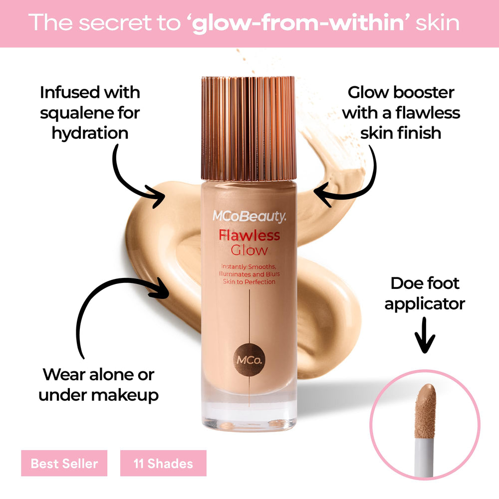 MCoBeauty Flawless Glow muestra tono luminoso suave para un acabado natural.