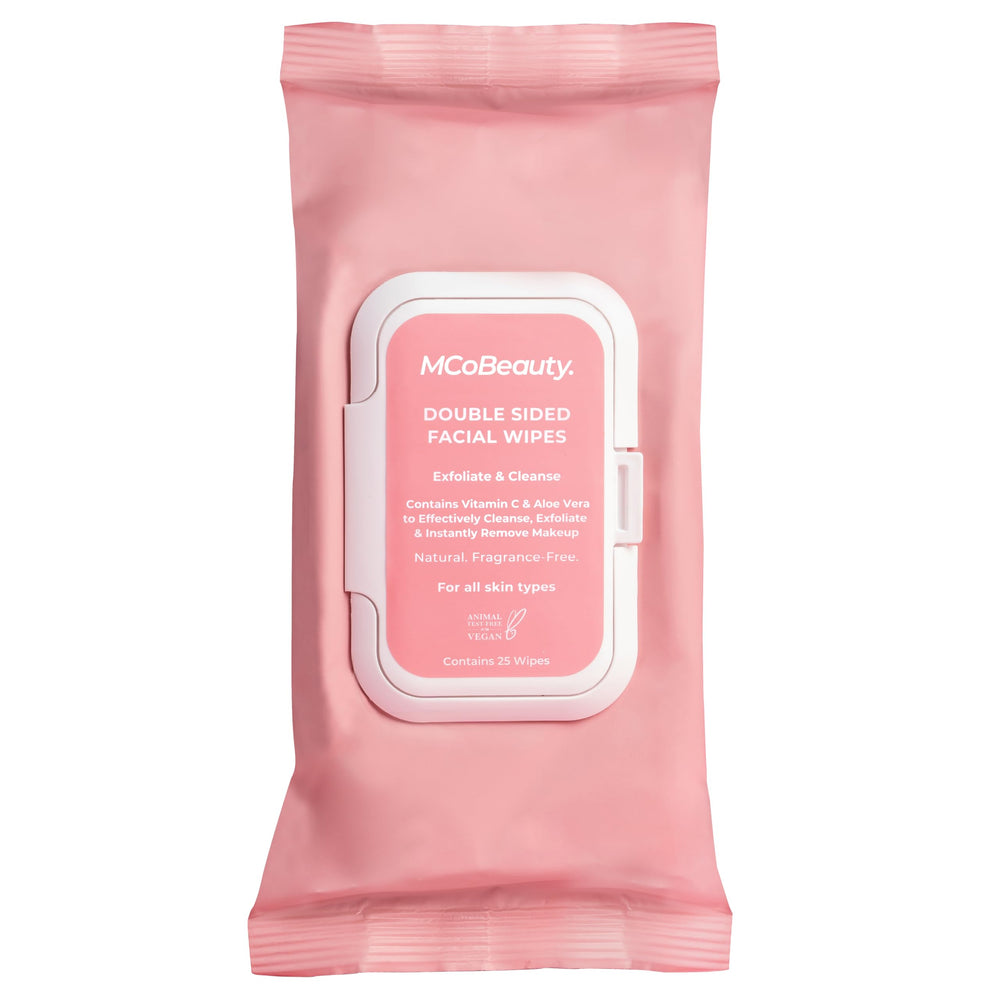 Toallitas MCoBeauty doble cara para limpieza suave y exfoliación rápida.