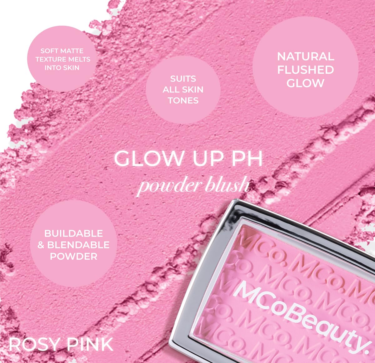 MCoBeauty Glow Up pH Rubor: textura suave y polvo fino para difuminar.