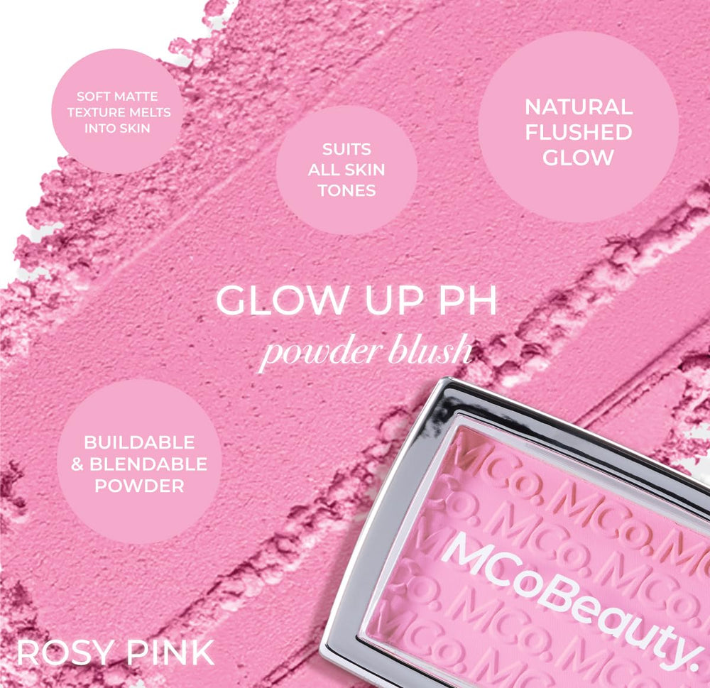 MCoBeauty Glow Up pH Rubor: textura suave y polvo fino para difuminar.