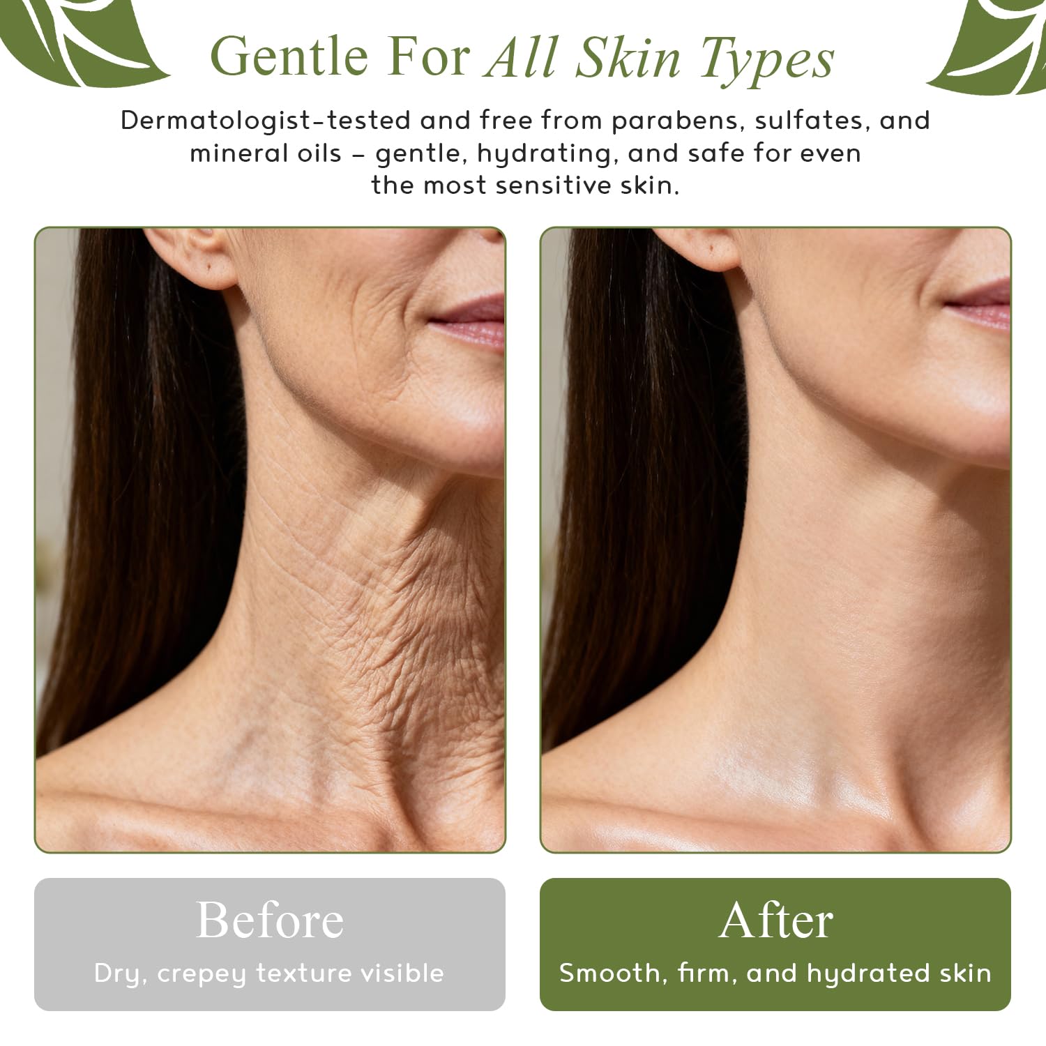 Jambes hydratées avec Crepe-Ease, peau plus lisse et douce.