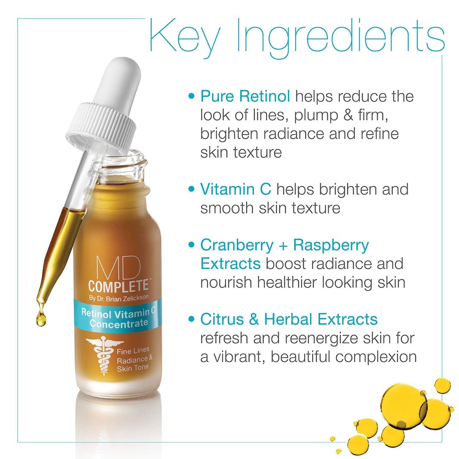 MD Complete: ingredientes clave como retinol y vitamina C para tono de piel más claro