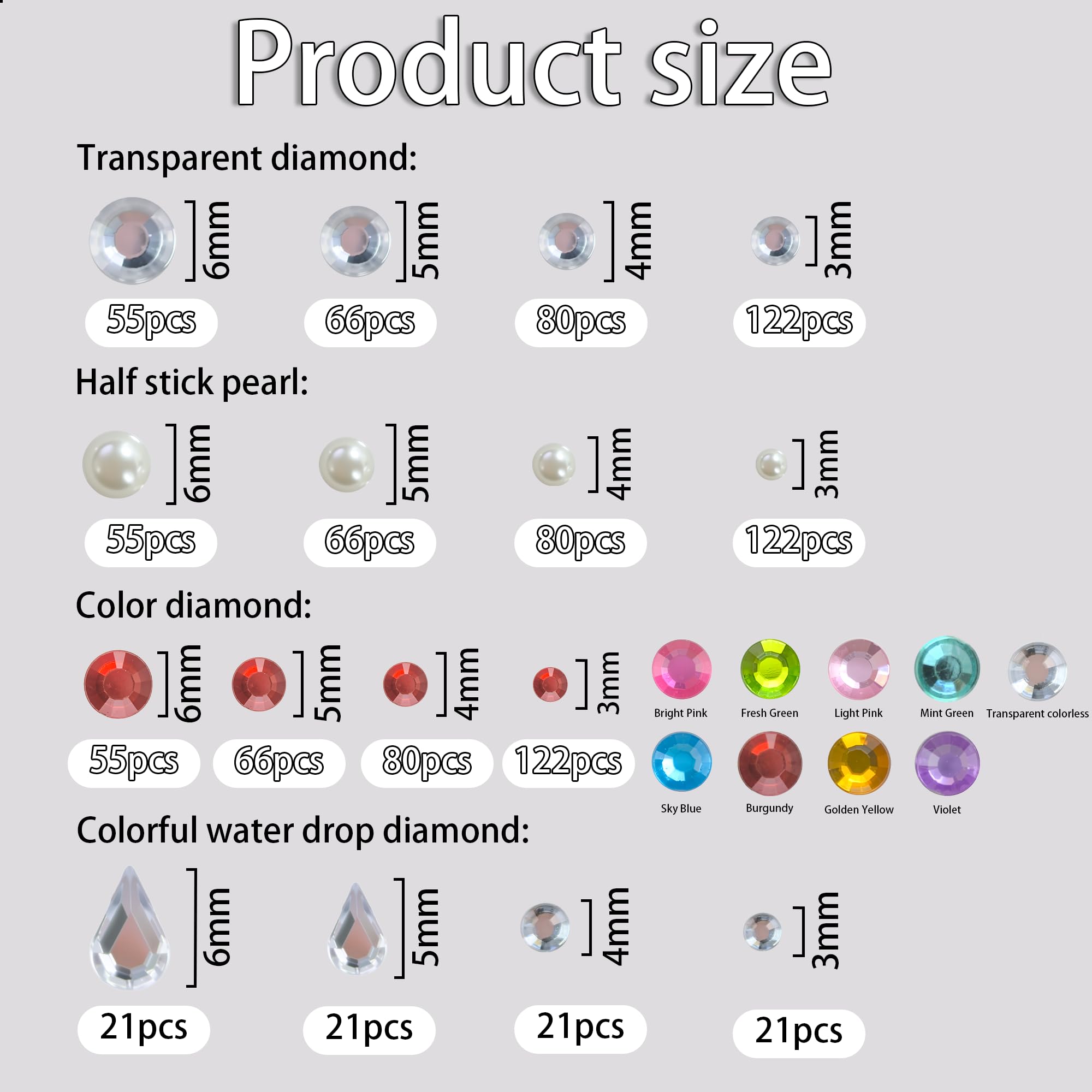 Diamantes faciales de MDDRUIQI en varios tamaños, para matizar y resaltar.