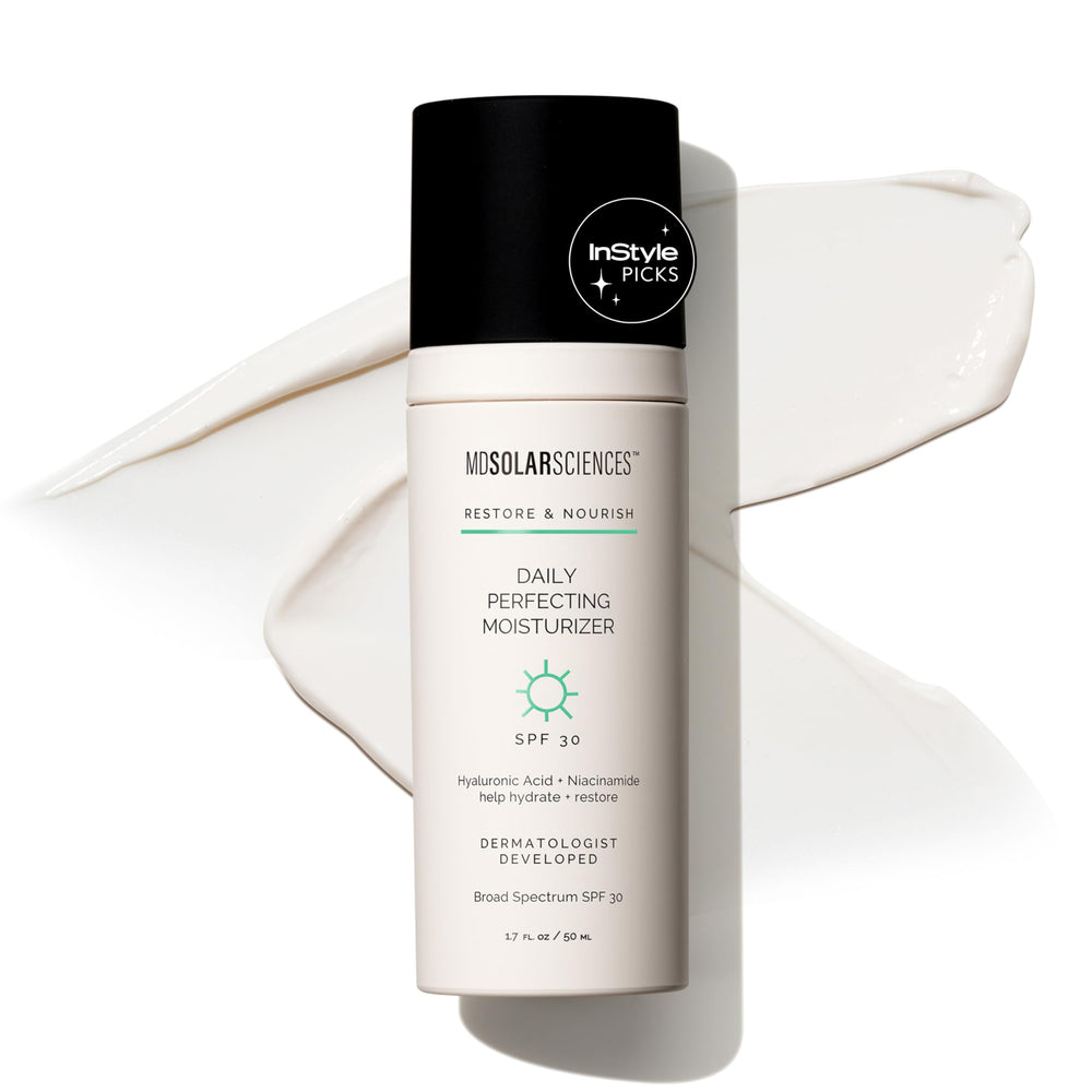 MDSolarSciences Hidratante Diario Perfecto SPF 30, botella elegante, protección diaria suave.