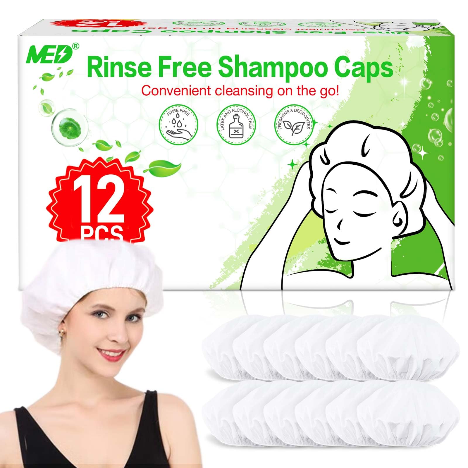 Gorro MED sin enjuague para ducha, 12 paquetes, limpieza rápida sin agua