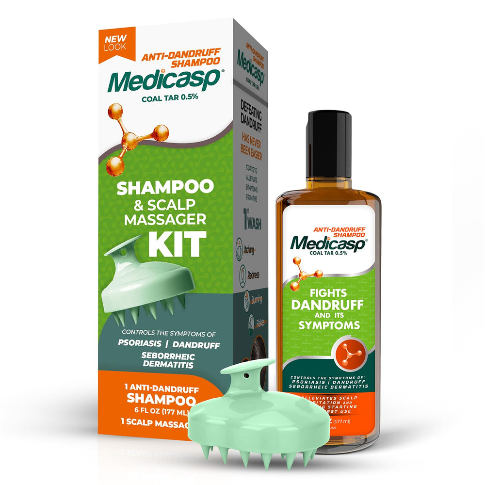 Medicasp champú anticáspa con alquitrán, botella visible, cuidado del cuero cabelludo.