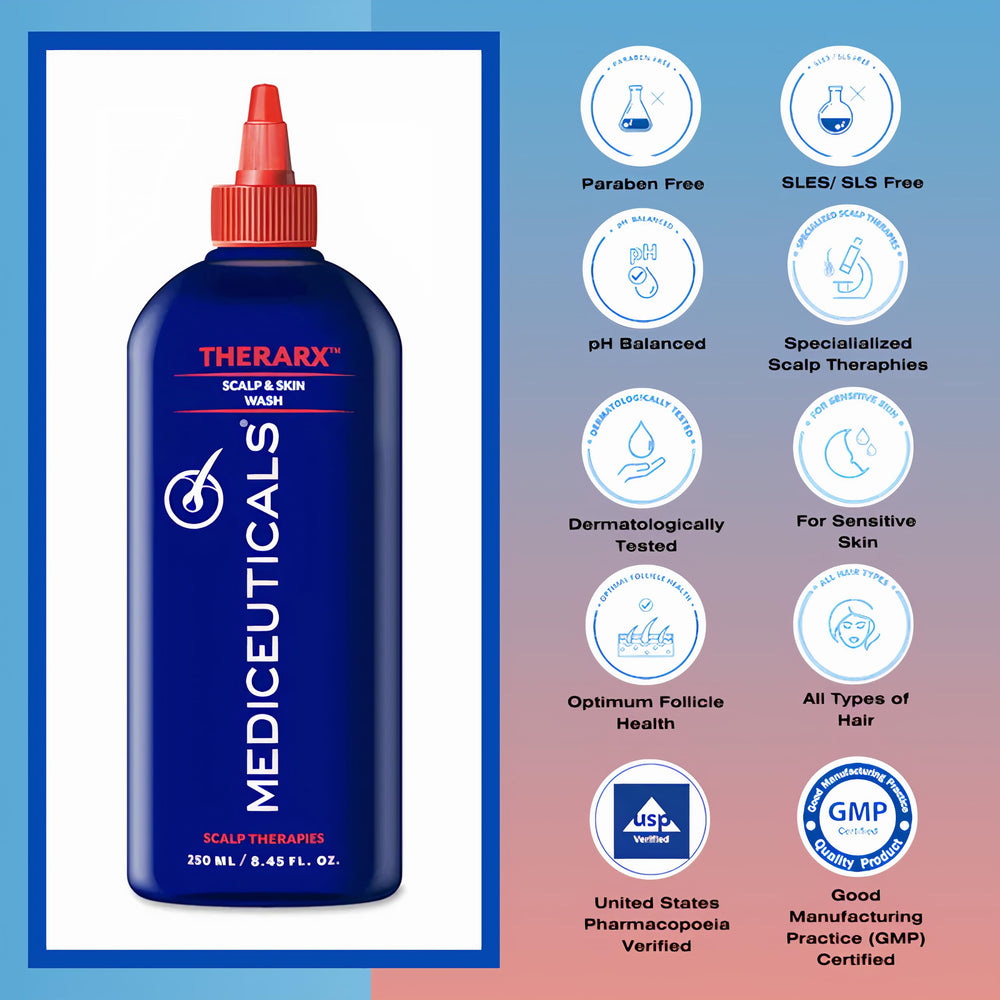 Botella TherRx en estante de baño lista para la rutina diaria.