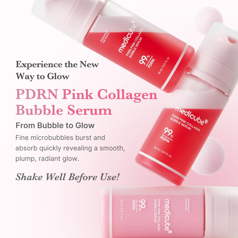 Medicube PDRN Pink Collagen Bubble Serum, absorción en 10 segundos con burbujas ligeras.
