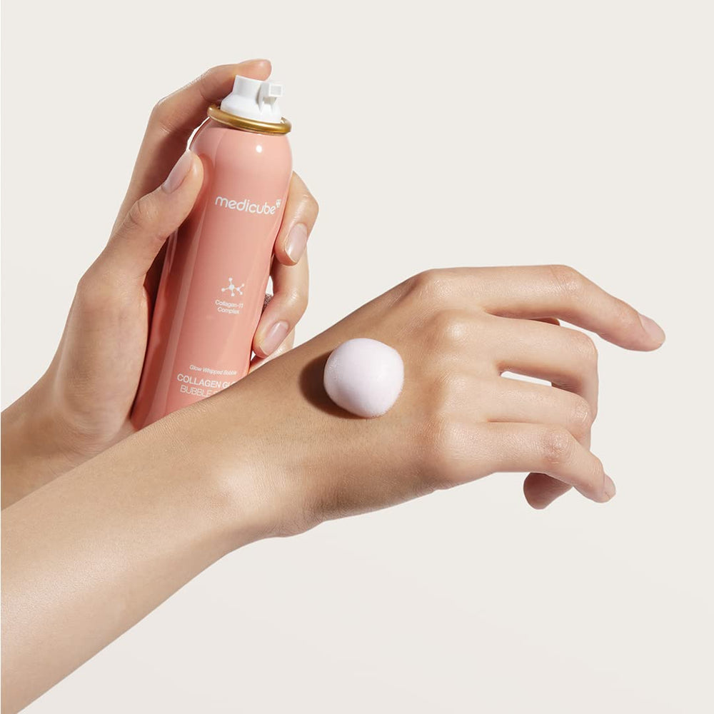 Medicube Collagen Glow Bubble Serum packaging box beside product rack