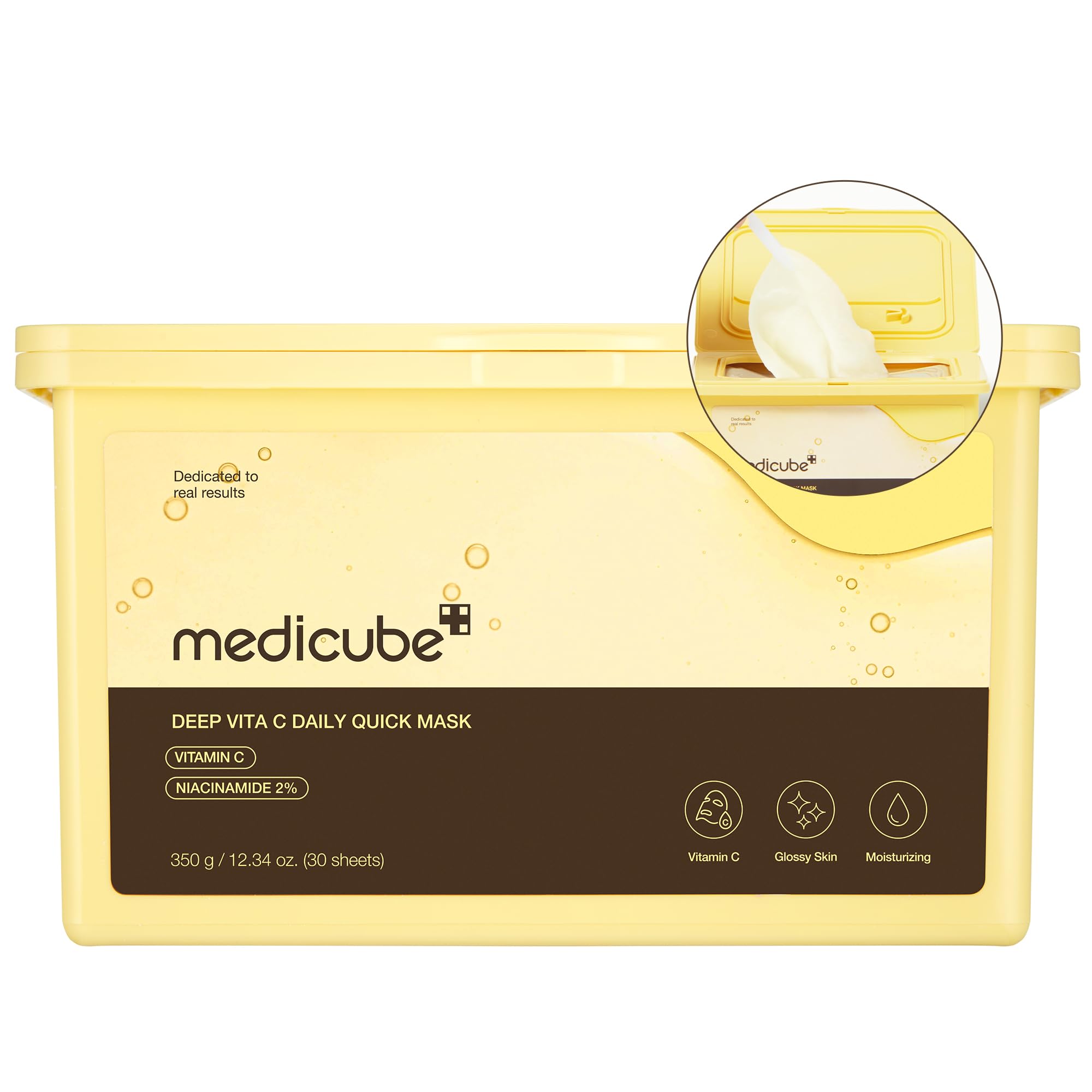 mascarilla medicube deep vita c, empaque elegante para hidratacion suave diaria