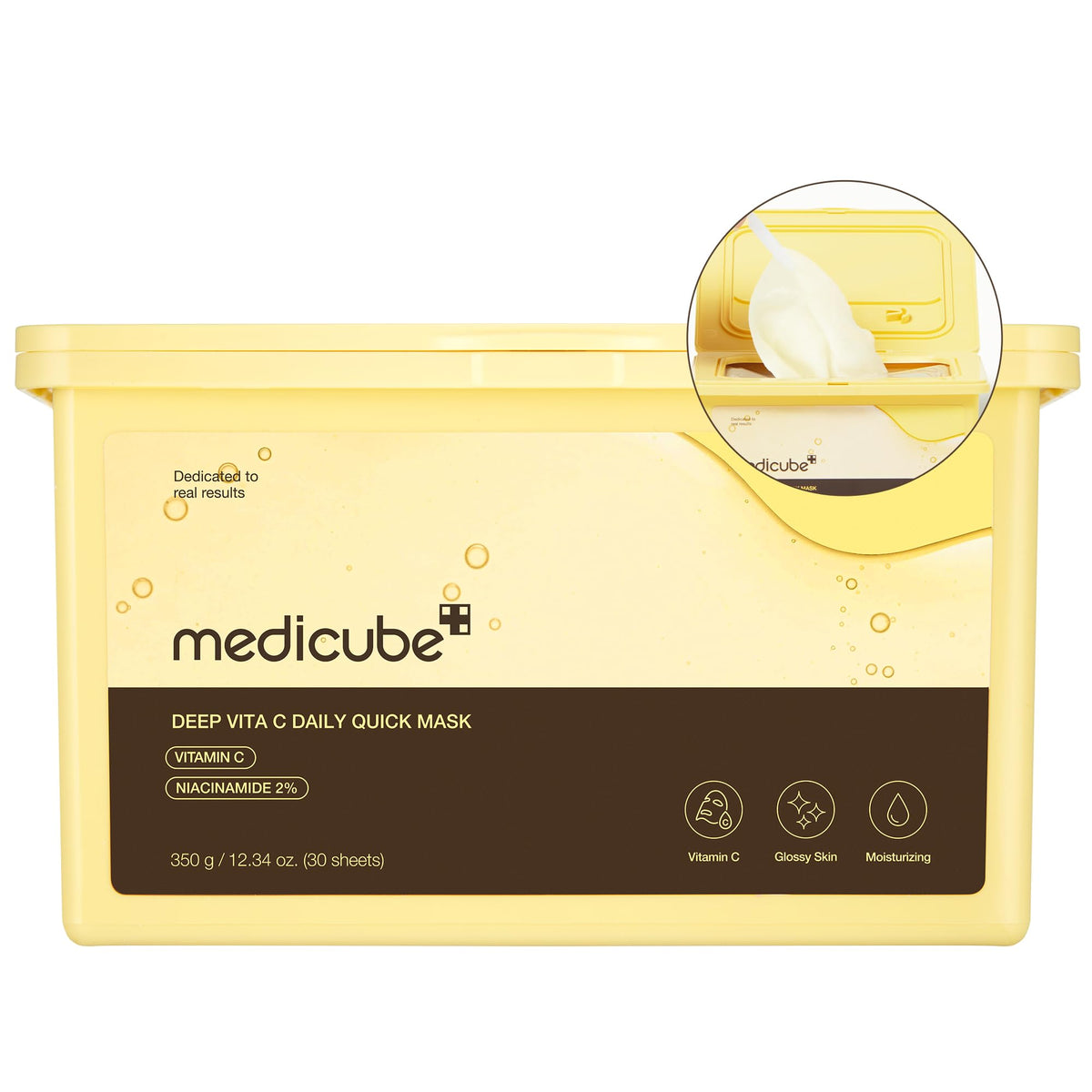 mascarilla medicube deep vita c, empaque elegante para hidratacion suave diaria
