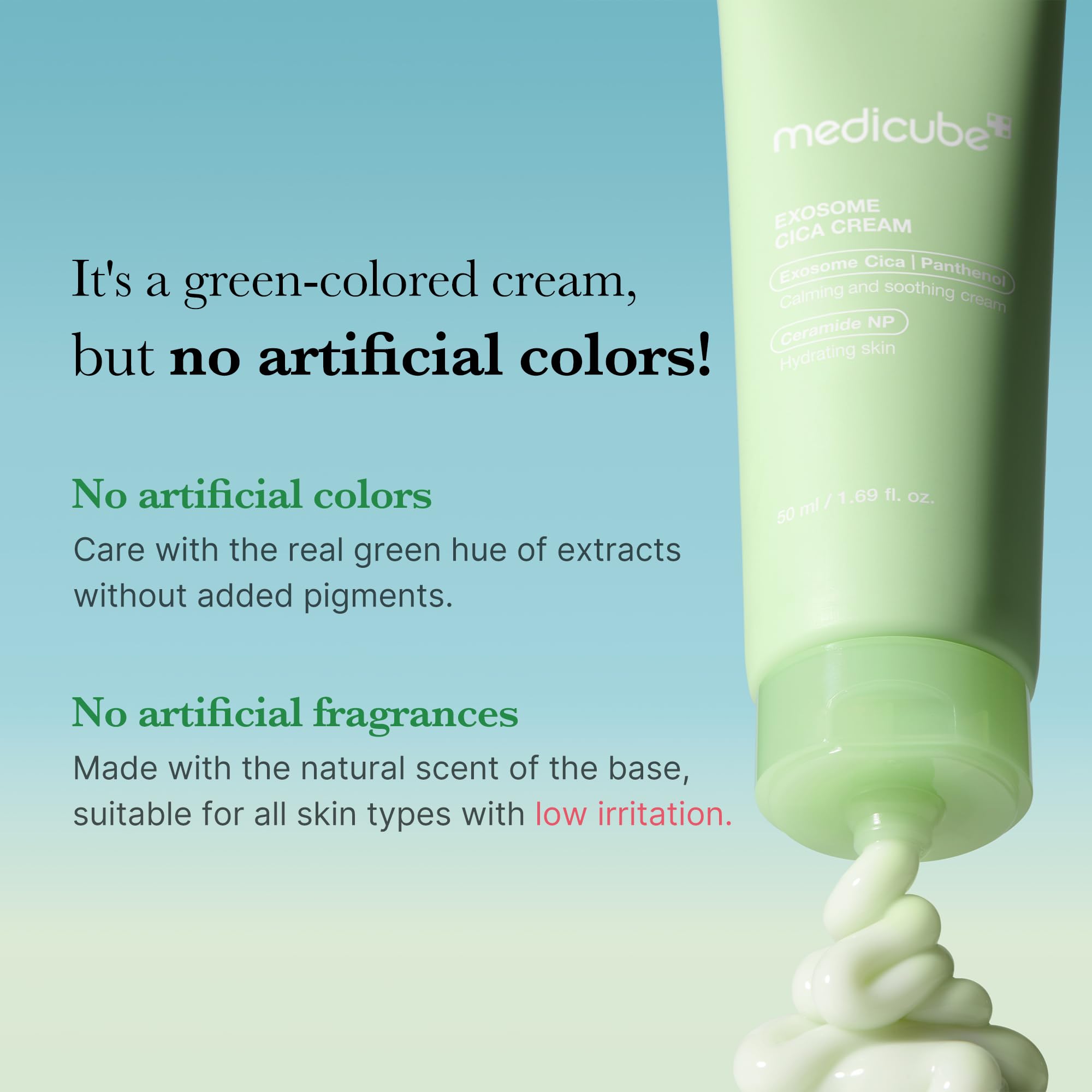 Medicube Exosome Cica Crema, aplicación rápida y ligera sin sensación grasa.