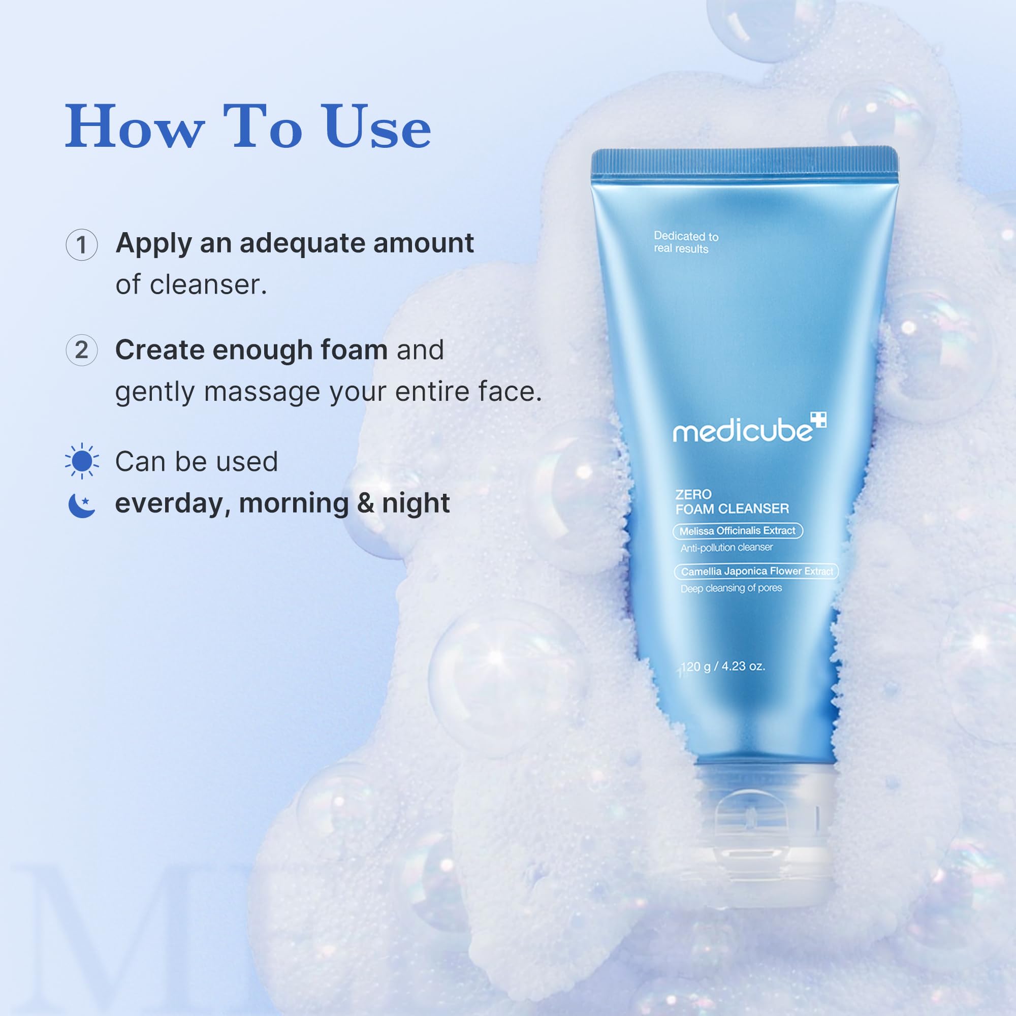 Medicube aplicación suave en rostro para limpieza diaria.