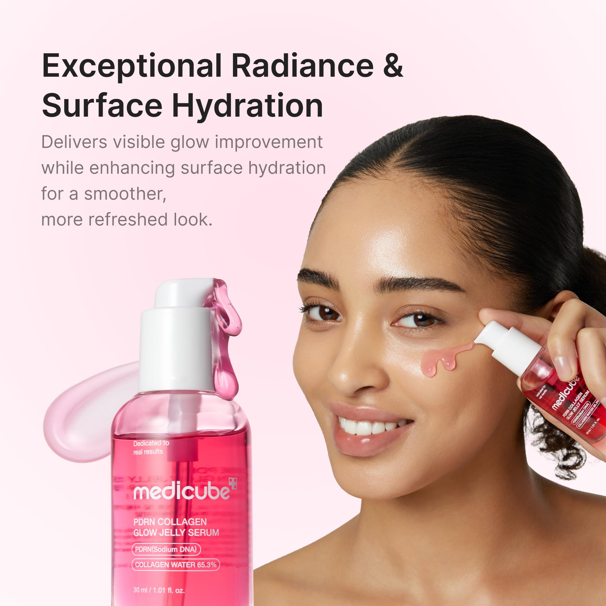 Medicube PDRN Pink 65% agua de colágeno, mejora hidratación y elasticidad superficial.