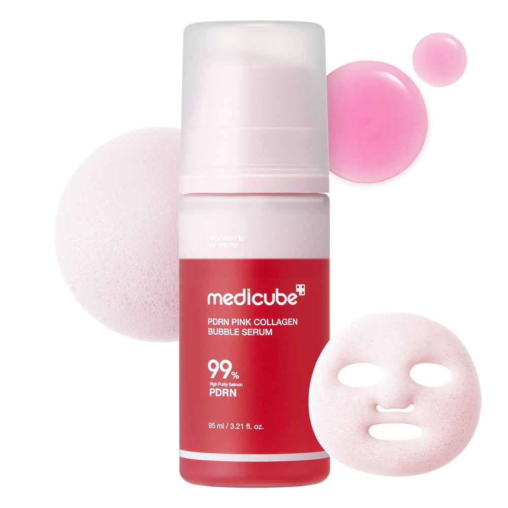 Medicube PDRN Pink Collagen Bubble Serum, burbujas suaves con absorción rápida para piel radiante.