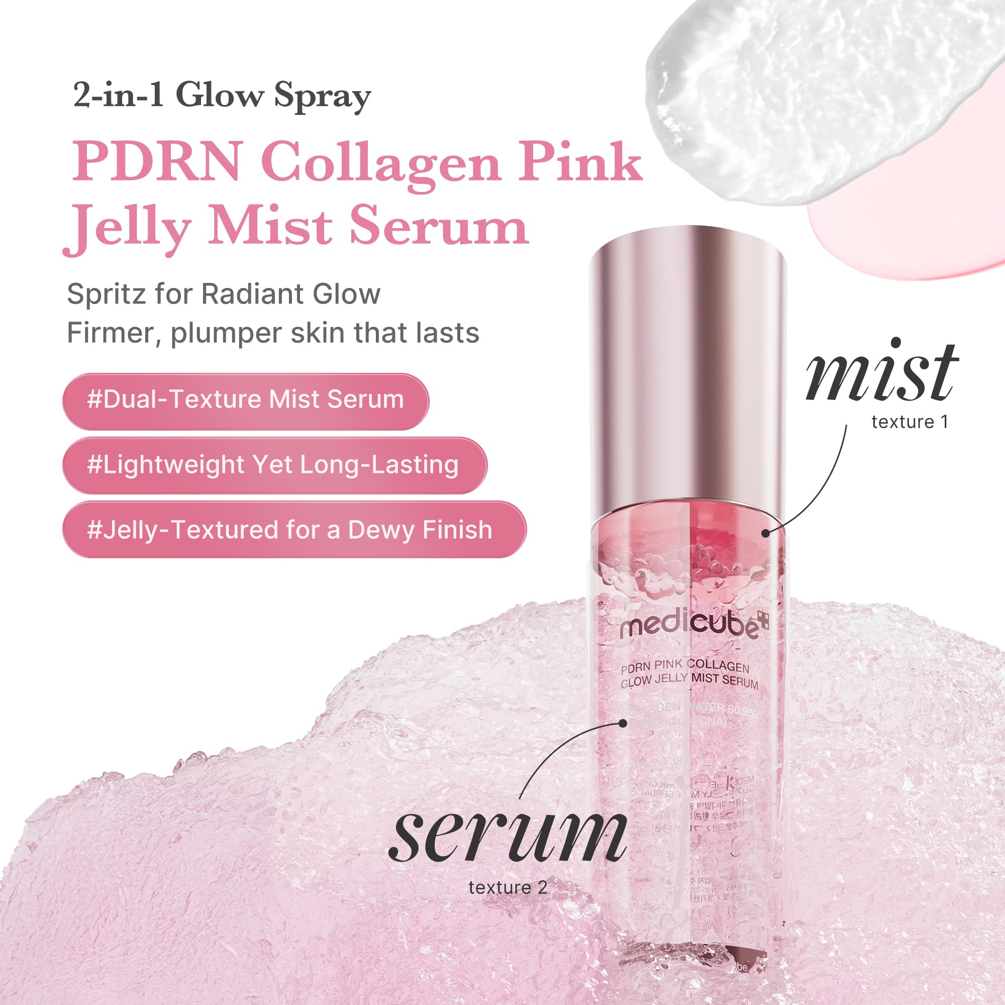 Medicube Pink PDRN, imagen de brillo suave y aplicación en suero gel.
