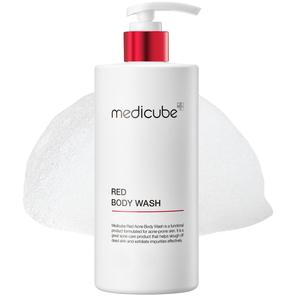 Medicube Red Body Wash – Bouteille visible, nettoyage en douceur et hydratation possible.
