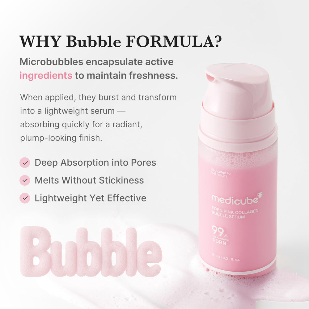 Medicube PDRN Pink Collagen Bubble Serum, textura suave que se funde sin grasa ni residuo.