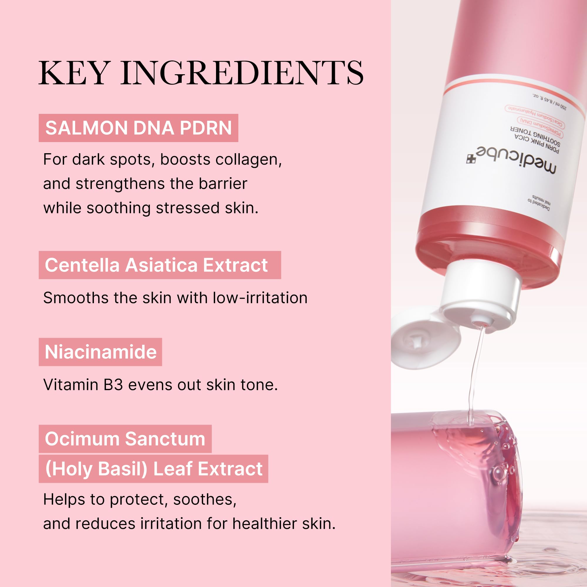 Tonico rosa Medicube con brillo natural para piel radiante.
