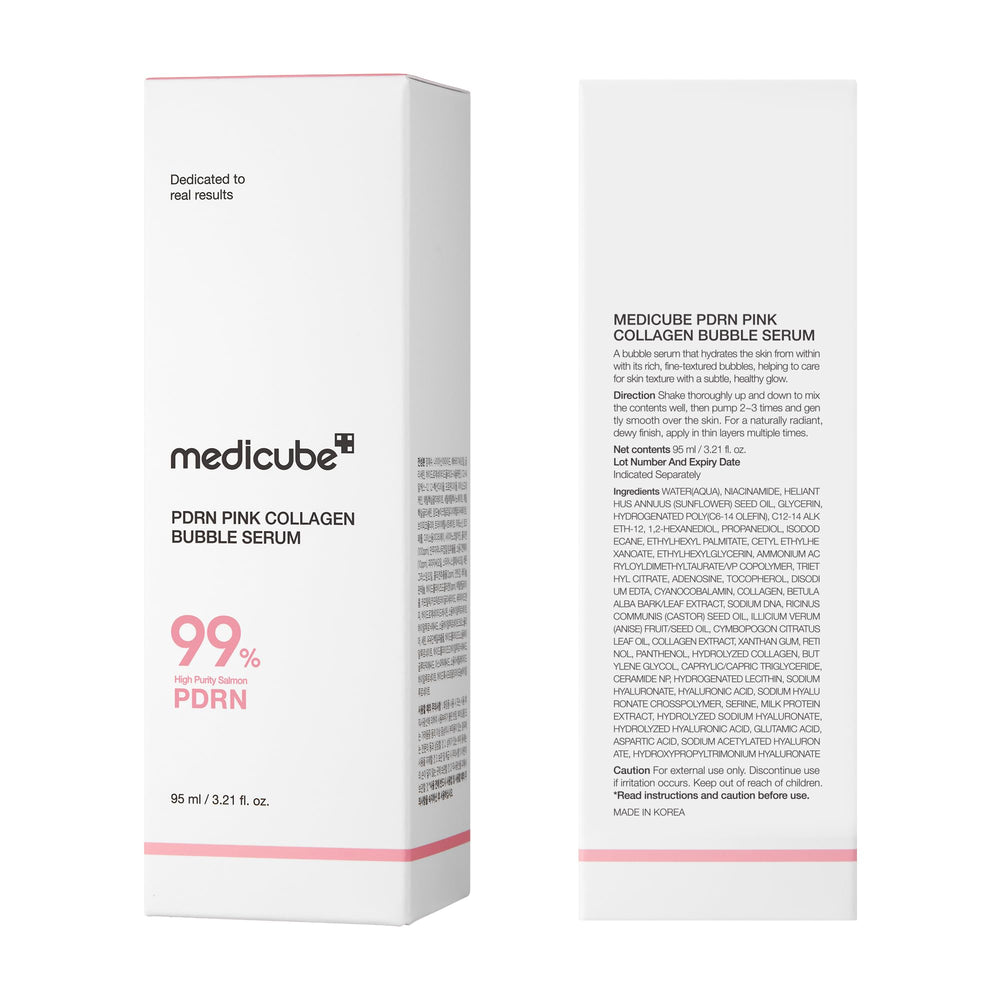 Medicube PDRN Pink Collagen Bubble Serum, tono rosado natural aporta luminosidad sin irritar.