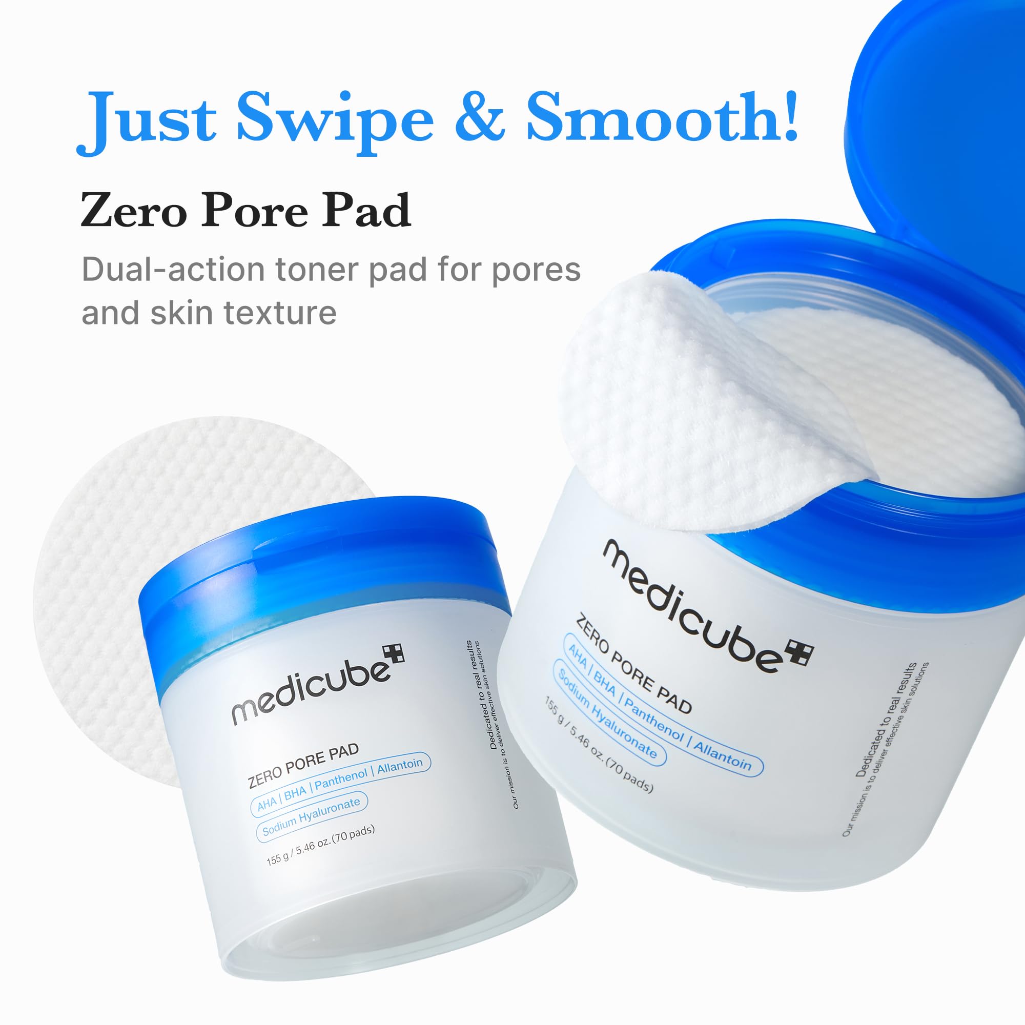 Medicube Zero Pore Pad 2.0, lado liso, calmante y suave para piel sensible.