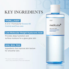 medicube Zero Pore Toner, ingredientes AHA/BHA/PHA para exfoliación suave.