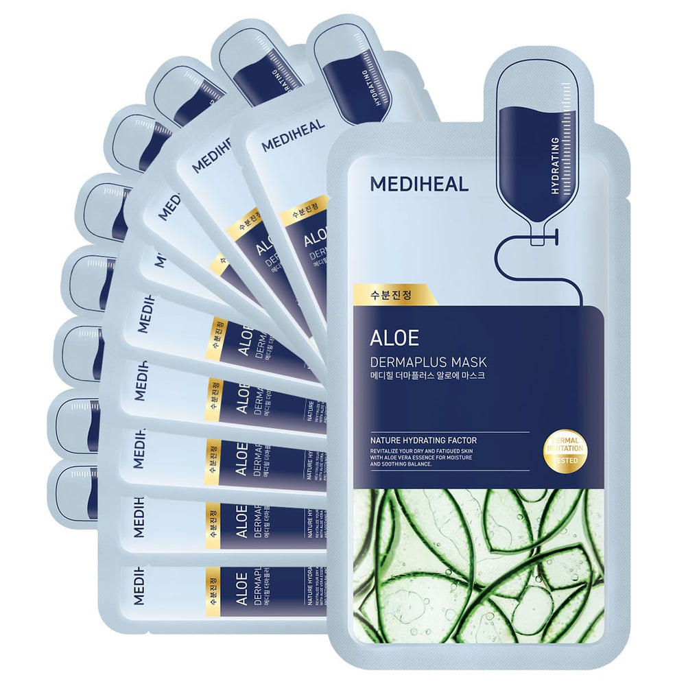 Mediheal Dermaplus Aloe Máscara en empaque compacto para uso diario suave y vegano.