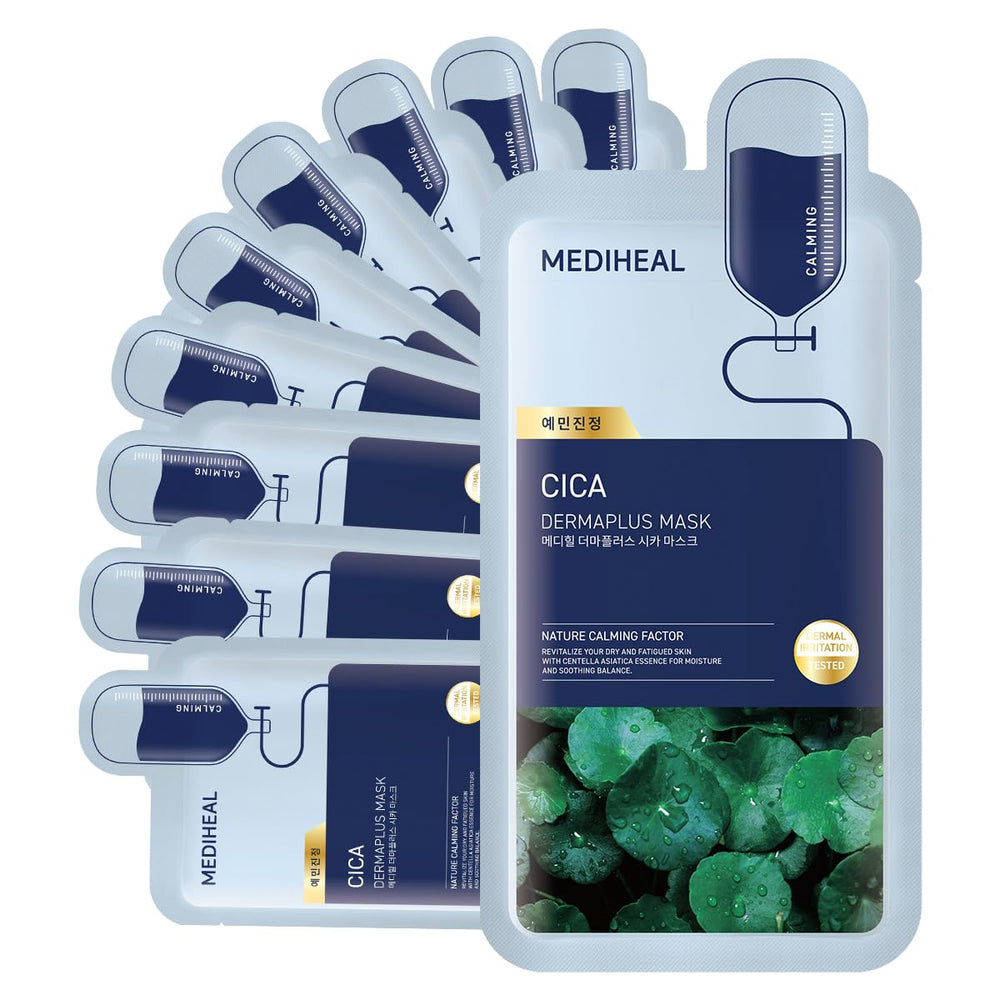 Mediheal Dermaplus Cica Mask, envase de 10 mascarillas para uso diario.