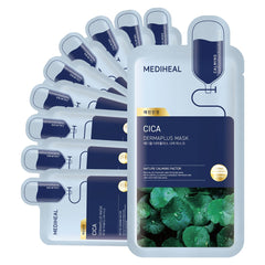 Mediheal Dermaplus Cica Mask, envase de 10 mascarillas para uso diario.