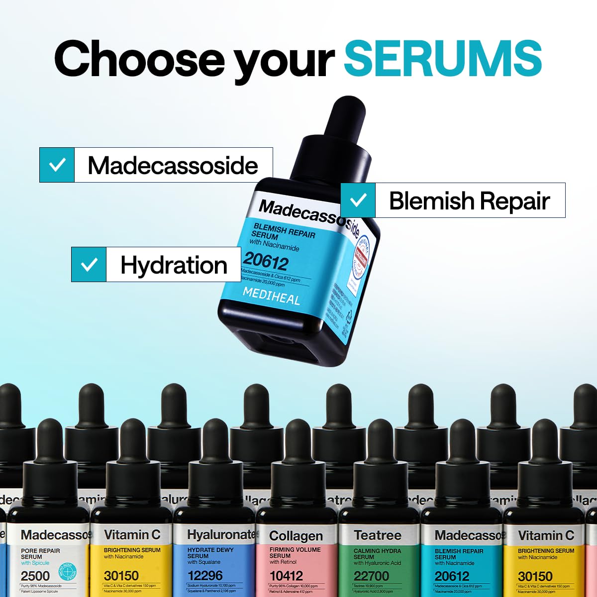 Aplicación facial de serum Madecassoside para calma y tono uniforme.