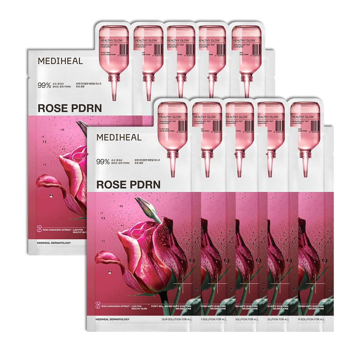 Mediheal mascarilla rosa PDRN 10 unidades: hidratación suave y brillo natural.