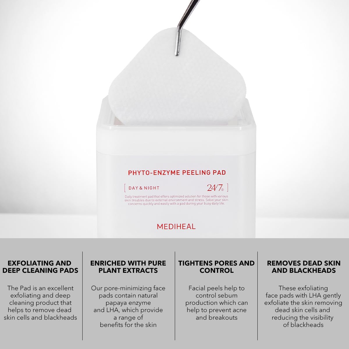 Mediheal Phyto Enzyme Peeling Pad close-up showing LHA crystals for renewal.
