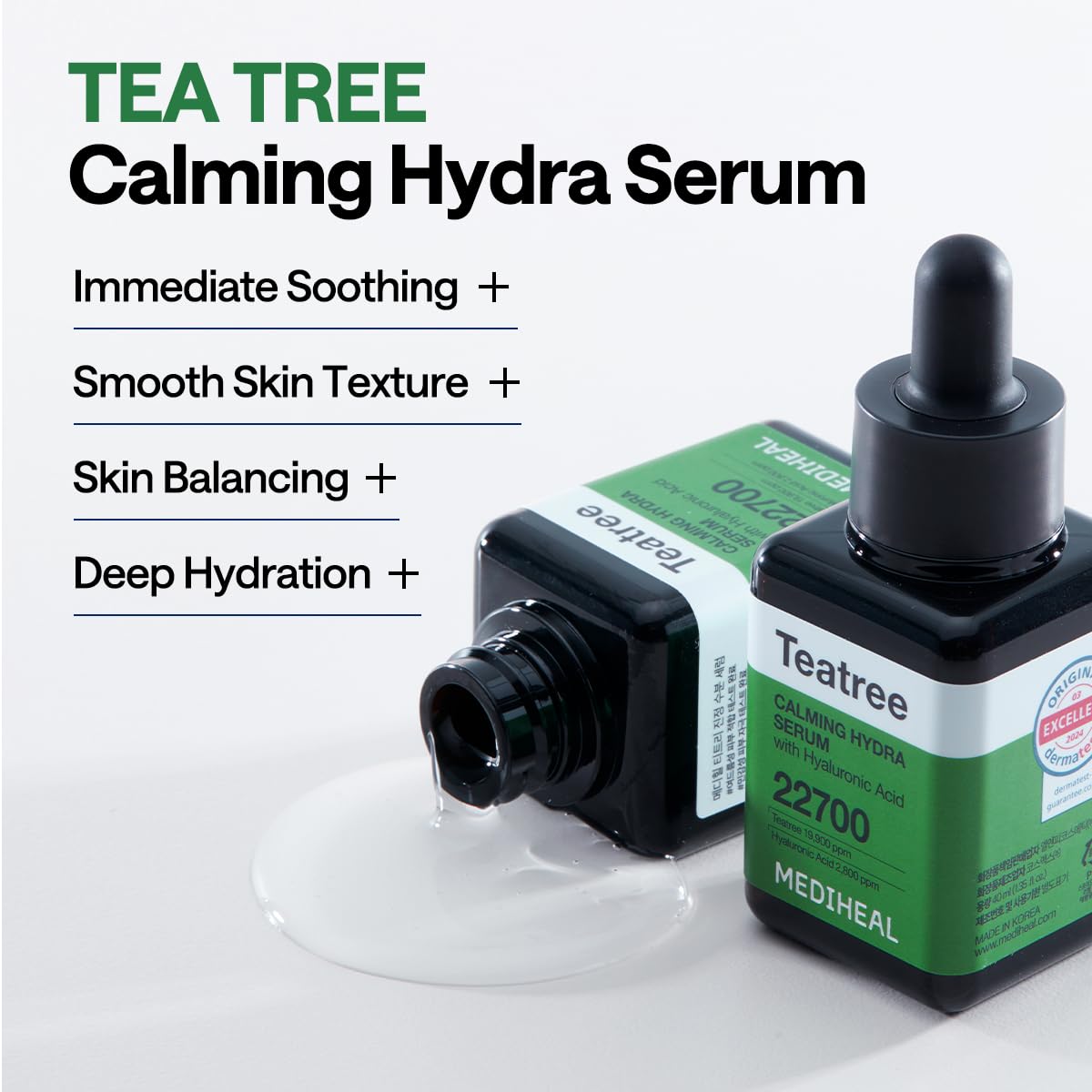 Suero de Mediheal con árbol de té mejora hidratación y sensación fresca.