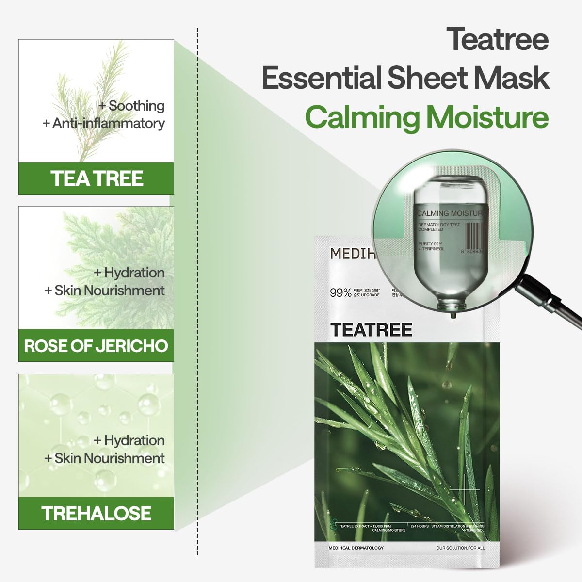 Mediheal mascarilla ingredientes árbol de té, cuidado suave de la piel