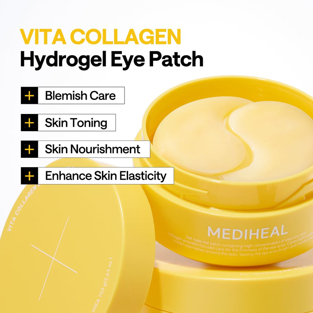 Parche Mediheal Vita Collagen bajo ojos aplicándose suavemente.
