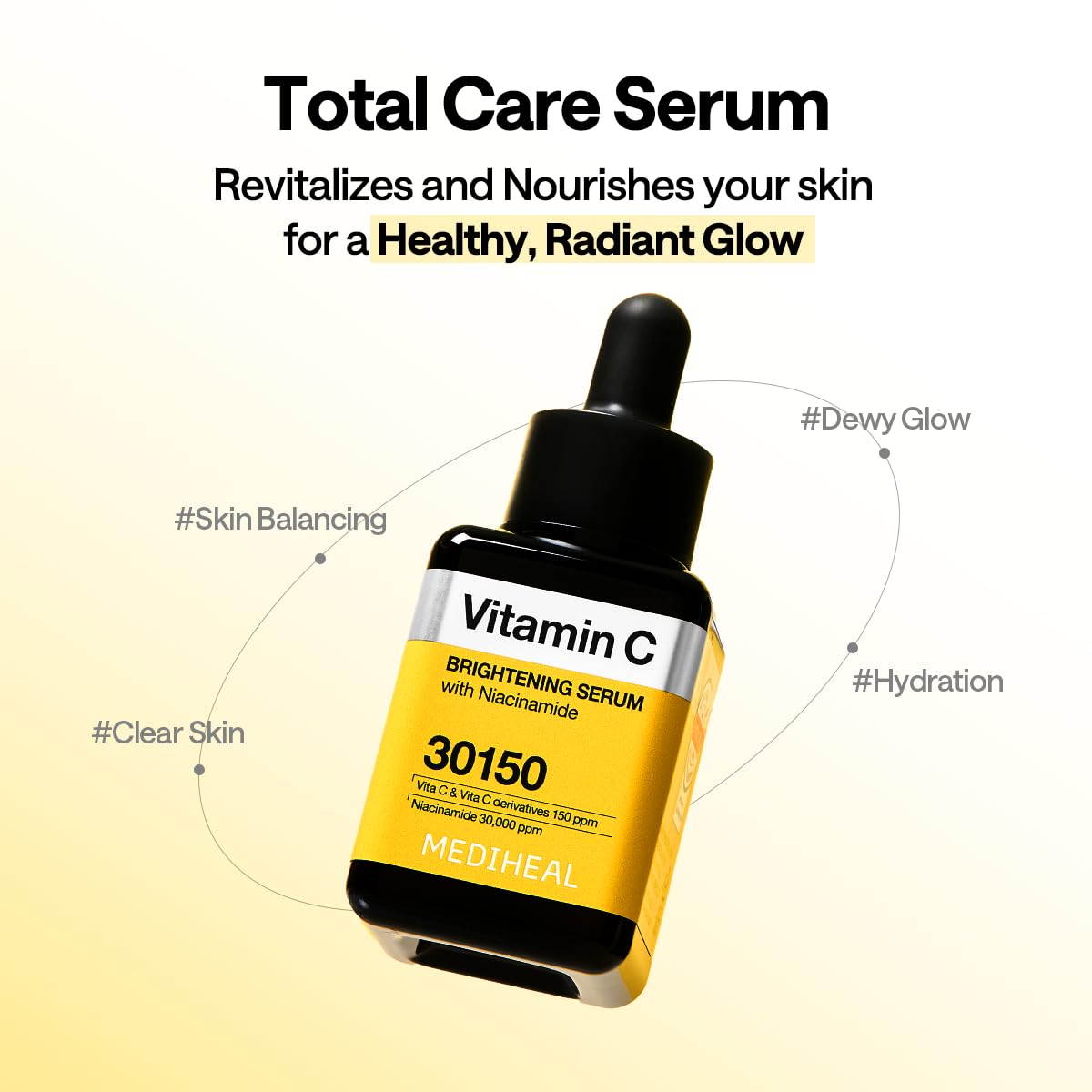 Mediheal Vitamina C Serum, aplicacion suave en la palma para una absorción uniforme.