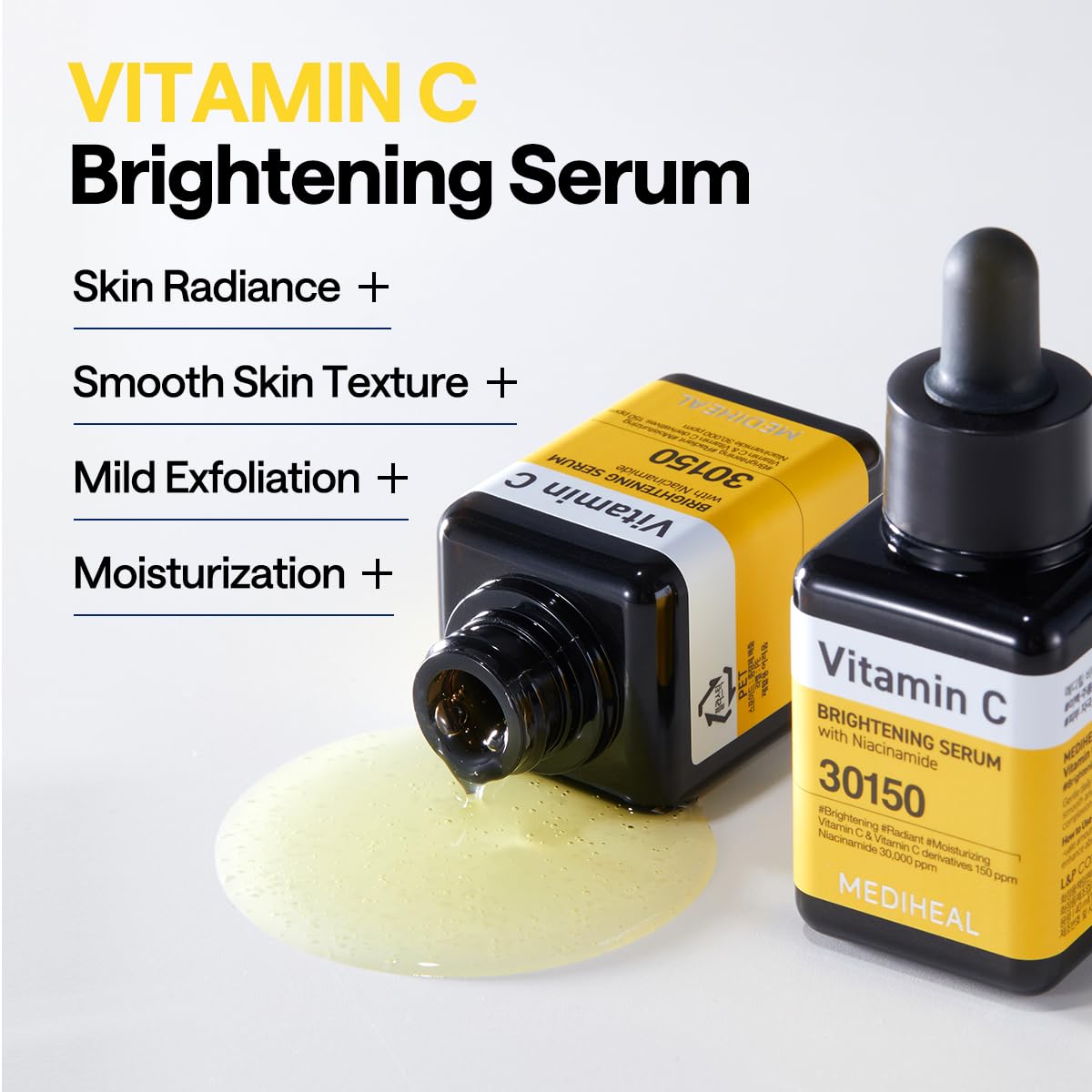 Mediheal Vitamina C Serum, etiqueta visible, certificación vegana y pruebas dermatológicas en Alemania.