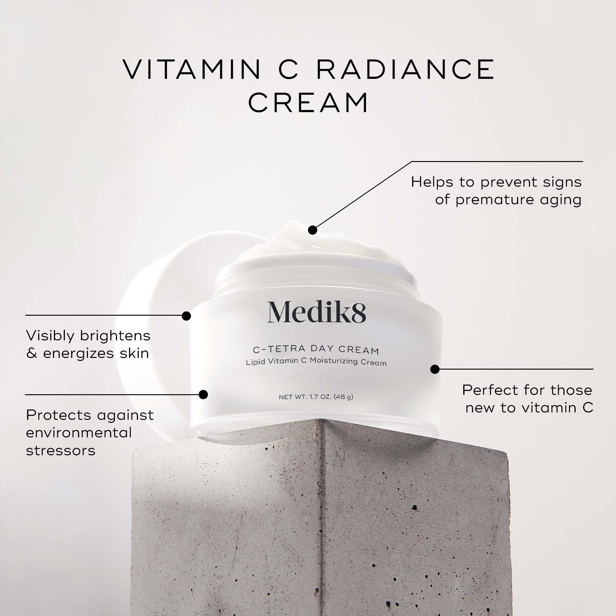 Medik8 C-Tetra Day Cream, hidratación rápida para rostro fresco.