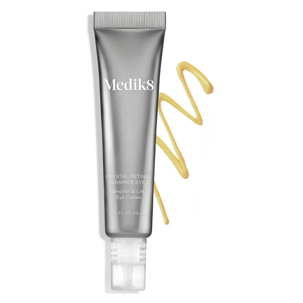 Medik8 Crystal Retinal Ceramide Eye 3, hidratación con hialuronato, mejora la apariencia de líneas finas.