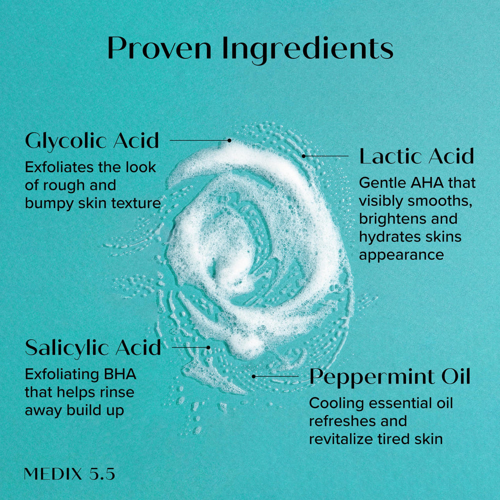 Medix 5.5 exfoliante rostro y cuerpo, textura espumosa para piel suave.