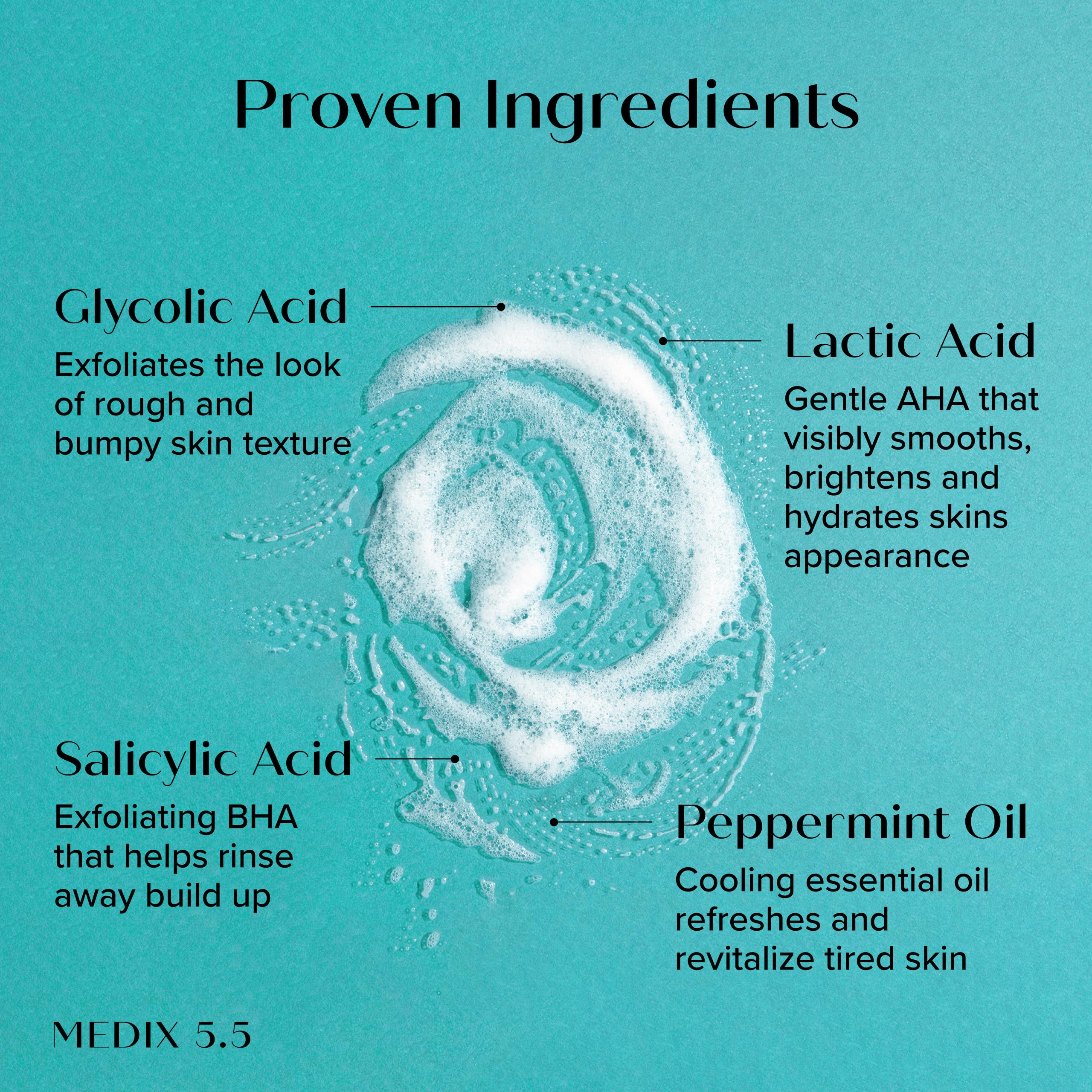 Medix 5.5 glycolic body wash lather closeup shows gentle exfoliation.