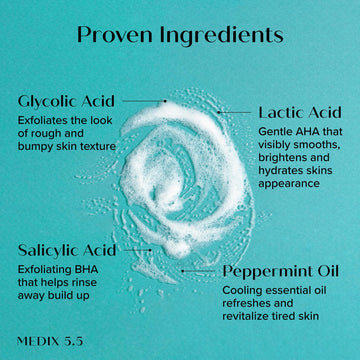 Medix 5.5 glycolic body wash lather closeup shows gentle exfoliation.