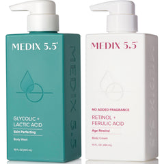 Medix 5.5 Jabón exfoliante glicólico para cuerpo y cara en botella, exfolia suavemente.